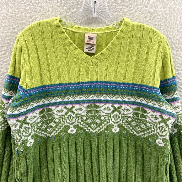 Y2K 2000s Faded Glory Green Fair Isle Icelandic Chenille Knit Sweater M Medium - Picture 3 of 7